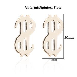 Detailed view of gold stainless steel dollar sign studs measuring 10mm by 5mm