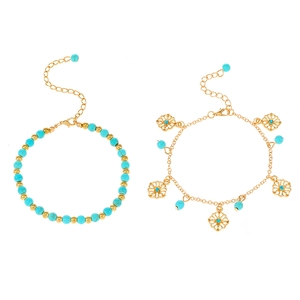 Two-piece bohemian gold turquoise bead bracelets with hollow floral pendant and charms