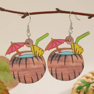Bohemian tropical coconut drink wooden earrings with summer vacation theme design