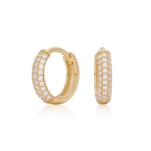 Detailed view of gold S925 sterling silver hoop earrings with micro-paved white zircons