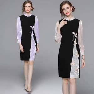 Elegante Abito Midi Cheongsam Migliorato Ricamo Floreale 3D Perline Patchwork Maniche In Raso Collo Alto Stile Vintage