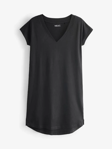 Slim fit black V-neck short sleeve T-shirt dress for women with minimalist plain design