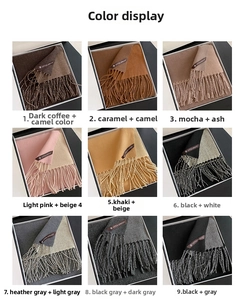 Detailed grid view showing nine color variants of soft fringe cashmere-feel scarves
