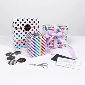 Colorful dot and heart gift wrapping paper set with stickers and greeting cards