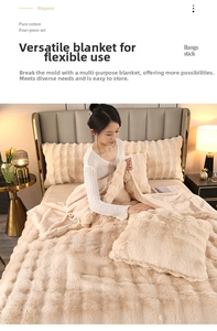 Detail of premium beige faux rabbit fur bedding set with wavy texture and cotton lining