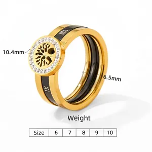 Gold stainless steel tree of life ring with black enamel and Roman numeral details