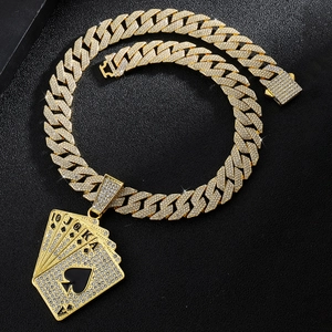 Gold-plated Cuban chain with iced-out poker cards pendant in high-quality finish