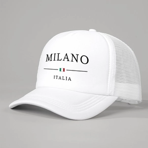 Side view of white trucker hat with MILANO ITALIA print and breathable mesh structure