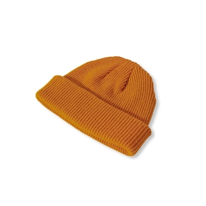 Detailed view of ginger ribbed knit beanie with classic folded cuff for winter warmth