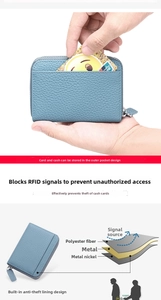 Detail view of RFID blocking layers and leather texture in a blue accordion card wallet