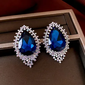 French luxury waterdrop jewelry set with blue sapphire stones and rainbow rhinestones