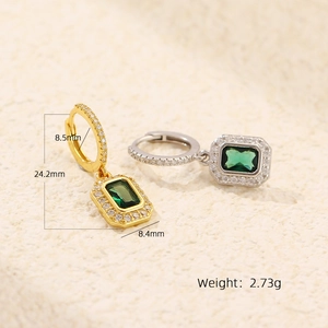 Detailed size chart showing 24.2mm height and emerald green stones on gold earrings