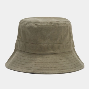Detail view of olive green bucket hat with reinforced stitching and metal eyelets