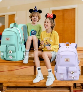 Detail view of mint green and lavender student backpacks with cute panda badges