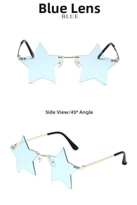 Front and 45-degree side view of blue star-shaped rimless sunglasses with gold metal frame
