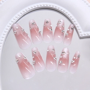 Pink cat eye gradient coffin press-on nails with sparkling rhinestones 10pcs set