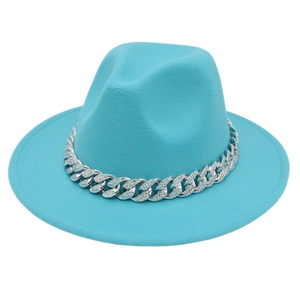 Detail of teal fedora hat showing textured felt fabric and silver rhinestone chain trim