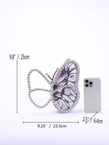 Detailed size specifications for purple butterfly evening bag with rhinestone trim