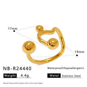 Macro detail of asymmetric gold stainless steel ring showing smooth finish and 17mm size