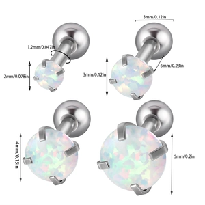Set of 4 stainless steel opal ear studs with 4-prong setting in various sizes