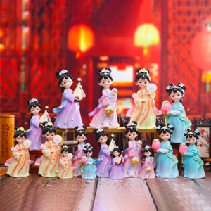 Detailed set of Chinese style resin figurines featuring ladies in traditional colorful dress
