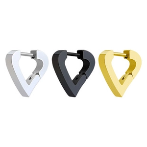 Three minimalist heart-shaped hoop earrings in silver, black, and gold polished finishes