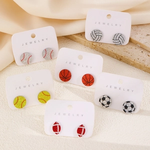 Set de boucles d'oreilles vintage en acrylique avec motifs baseball, basket et football