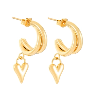 Gold-plated double C-hoop earrings featuring polished 3D heart-shaped pendants for women