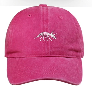Detail der Triceratops-Skelett-Stickerei auf der rose-roten gewaschenen Baumwollkappe