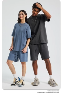 Detail of heavy 420g cotton retro washed blue and grey drawstring sweat shorts set