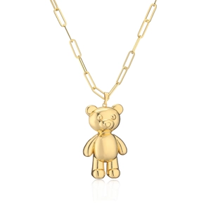 3D gold-plated teddy bear pendant necklace with stylish paperclip link chain design
