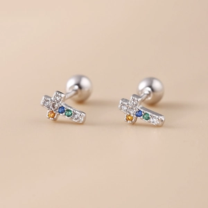 Exquisite 925 silver cross stud earrings with multi-colored zircons and screw backs