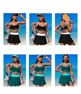 Two-piece activewear swim set with pleated skirt for tennis, golf and beach sports