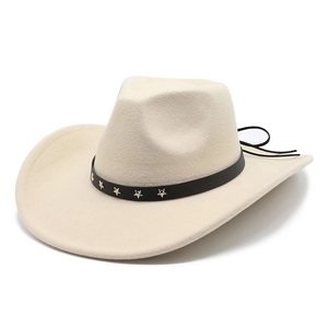 Detail of cream jazz fedora with black star-studded band and adjustable chin strap