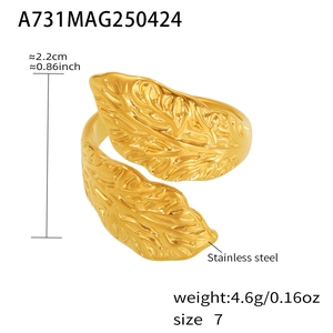 Detail view of 18k gold plated stainless steel leaf ring showing 2.2cm height and 4.6g weight