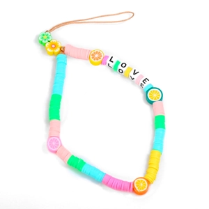 Colorful Polymer Clay Phone Lanyard Strap Charm Fruit Flower Resin Beaded Love Letter Wristlet For Women Bohemia Style