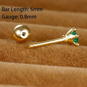 Gold crown screw back stud earring with green gemstone and 6mm stainless steel post