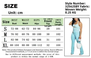 Detailed size chart for striped halter top and pants set with measurements in centimeters
