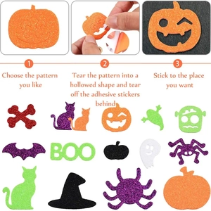 DIY Halloween glitter foam stickers in pumpkin and witch hat shapes for party crafts