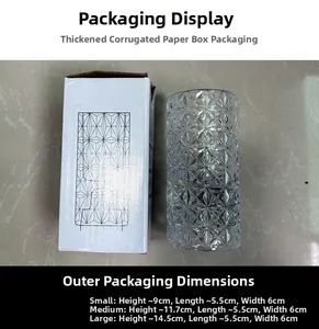 Detail view of transparent glass candle holder with diamond texture and packaging