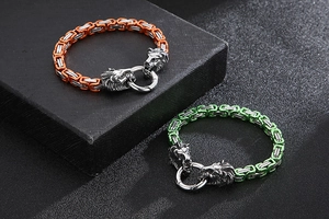 Detailed close-up of stainless steel lion head bracelets with dual-tone metal chains