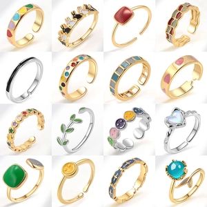 Adjustable Gold Plated Copper Open Ring Colorful Enamel Geometric Smiley Face Heart Fashion Jewelry Gift For Women