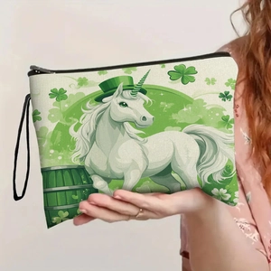 St. Patrick's Day Canvas Kosmetiktasche mit Einhorn-Kleeblatt-Muster und Trageschlaufe