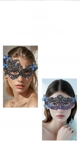 Detail of lace masquerade mask with blue butterfly accents and sparkling rhinestones