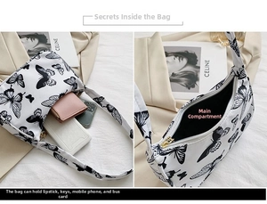 Detail shot of printed shoulder bag interior capacity for phone and wallet essentials