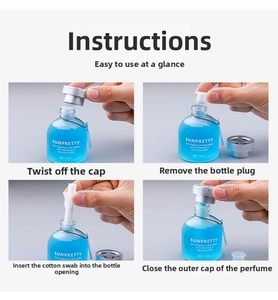 Detailed four-step installation guide for 65ml blue liquid car air freshener glass bottle