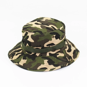 Close-up of woodland camouflage boonie hat with ripstop fabric and vent eyelets
