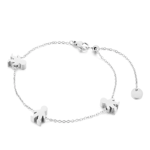 Stainless steel bracelet with three cartoon figure pendants on a clean white background