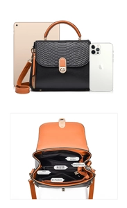 Detail view of mini square handbag with snake pattern flap and internal compartments