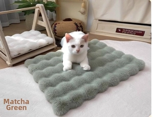 Close-up of a white cat sleeping on a soft matcha green plush pet mat with wavy edges